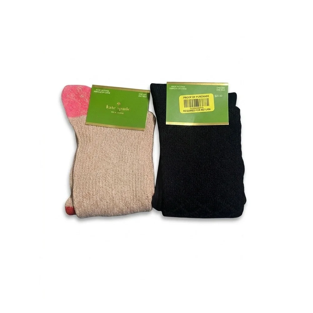 Kate Spade New York Socks Lot of 2 Knit Metallic Gold Pink Toe‎ & Black Crew NWT